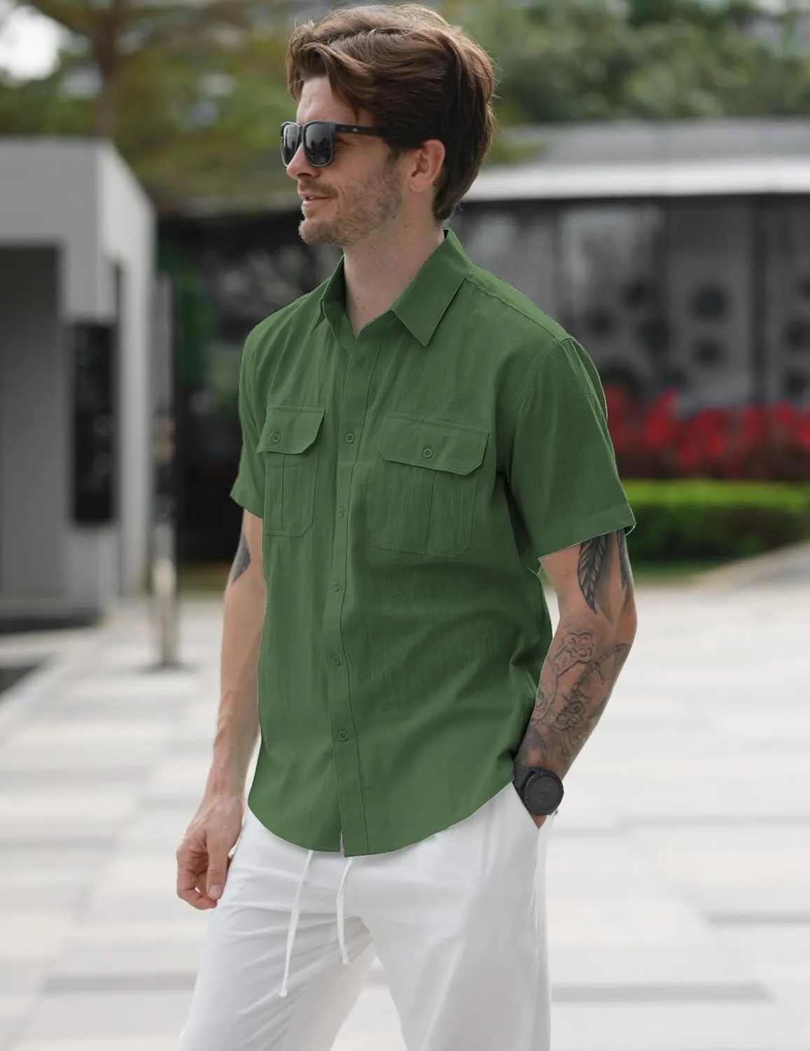 COOFANDY Men's Cotton Linen Short Sleeve Shirts Casual Button Down Shirt Beach Summer Tops with 2 Pockets