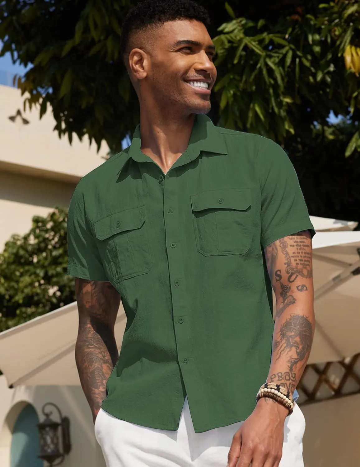 COOFANDY Men's Cotton Linen Short Sleeve Shirts Casual Button Down Shirt Beach Summer Tops with 2 Pockets