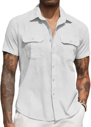 COOFANDY Men's Cotton Linen Short Sleeve Shirts Casual Button Down Shirt Beach Summer Tops with 2 Pockets