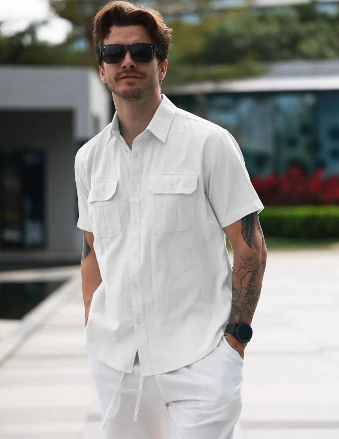 COOFANDY Men's Cotton Linen Short Sleeve Shirts Casual Button Down Shirt Beach Summer Tops with 2 Pockets