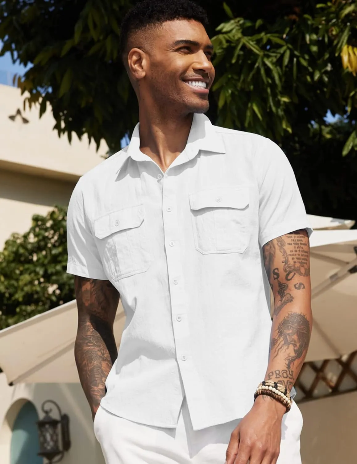 COOFANDY Men's Cotton Linen Short Sleeve Shirts Casual Button Down Shirt Beach Summer Tops with 2 Pockets