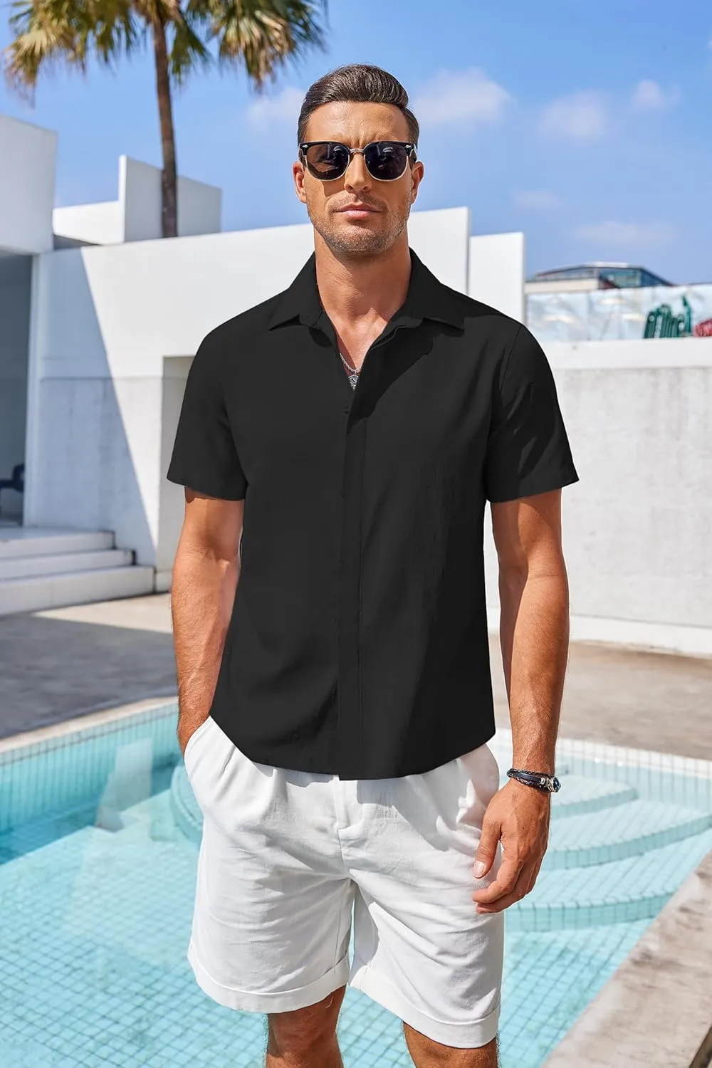 COOFANDY Men's Linen Short Sleeve Shirts Casual Button Down Shirts Textured Summer Beach Wedding Shirt