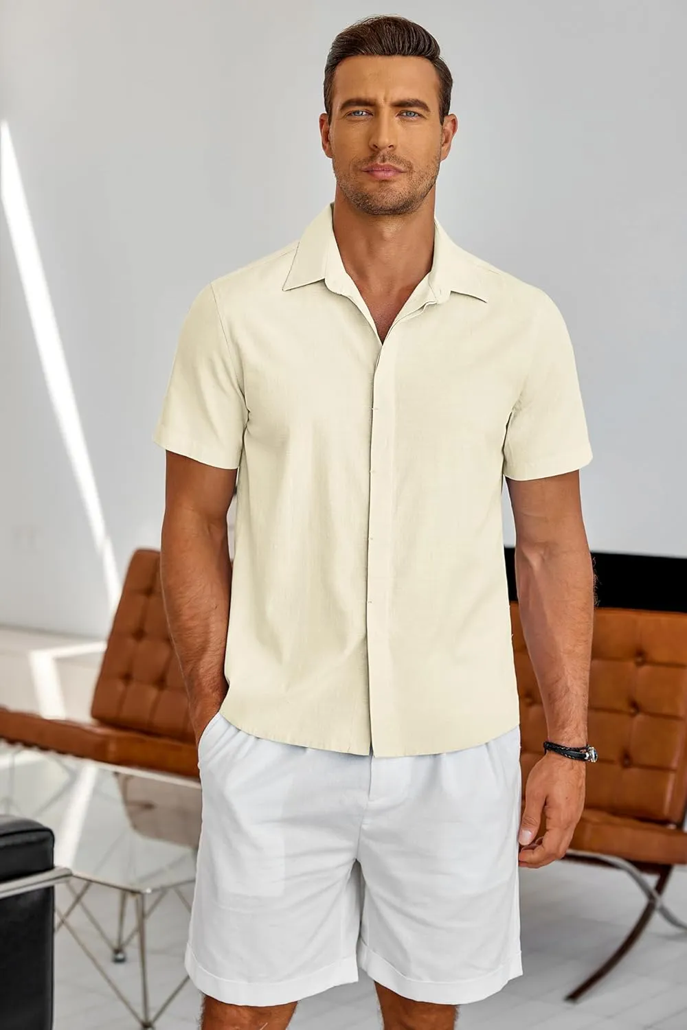 COOFANDY Men's Linen Short Sleeve Shirts Casual Button Down Shirts Textured Summer Beach Wedding Shirt
