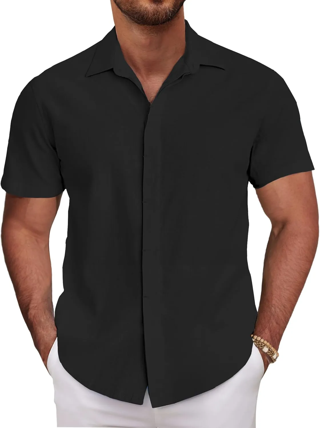 COOFANDY Men's Linen Short Sleeve Shirts Casual Button Down Shirts Textured Summer Beach Wedding Shirt