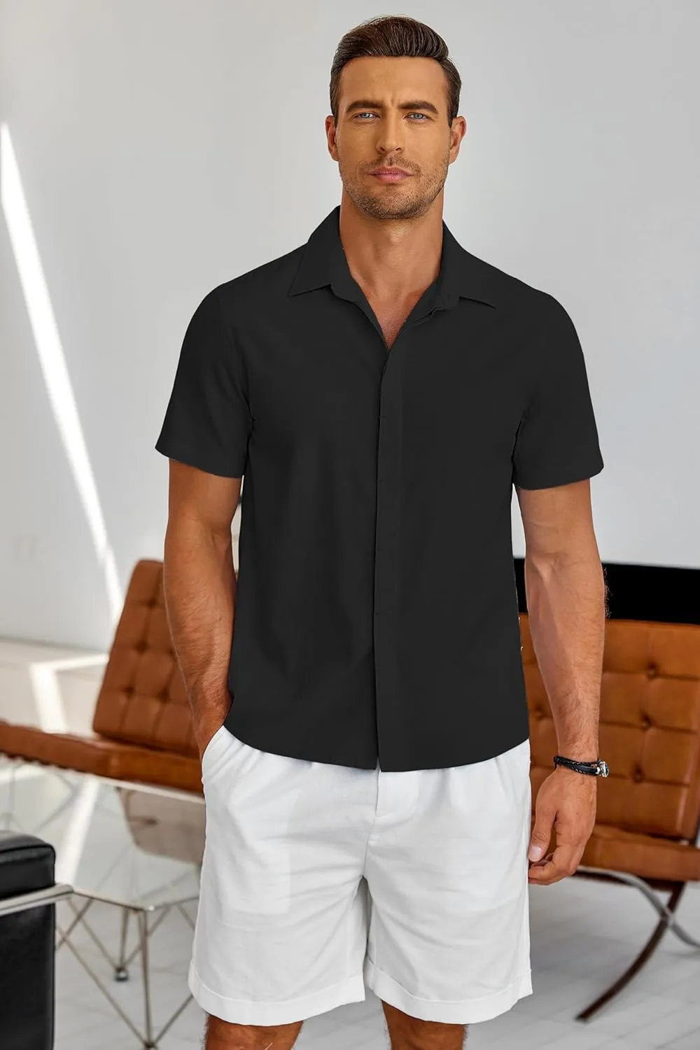 COOFANDY Men's Linen Short Sleeve Shirts Casual Button Down Shirts Textured Summer Beach Wedding Shirt