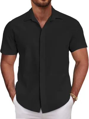COOFANDY Men's Linen Short Sleeve Shirts Casual Button Down Shirts Textured Summer Beach Wedding Shirt