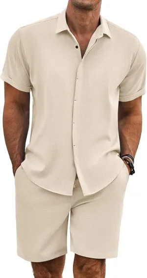 COOFANDY Men's Summer Beach Outfits 2 Piece Short Sleeve Shirts and Shorts Vacation Texture Linen Sets for Men