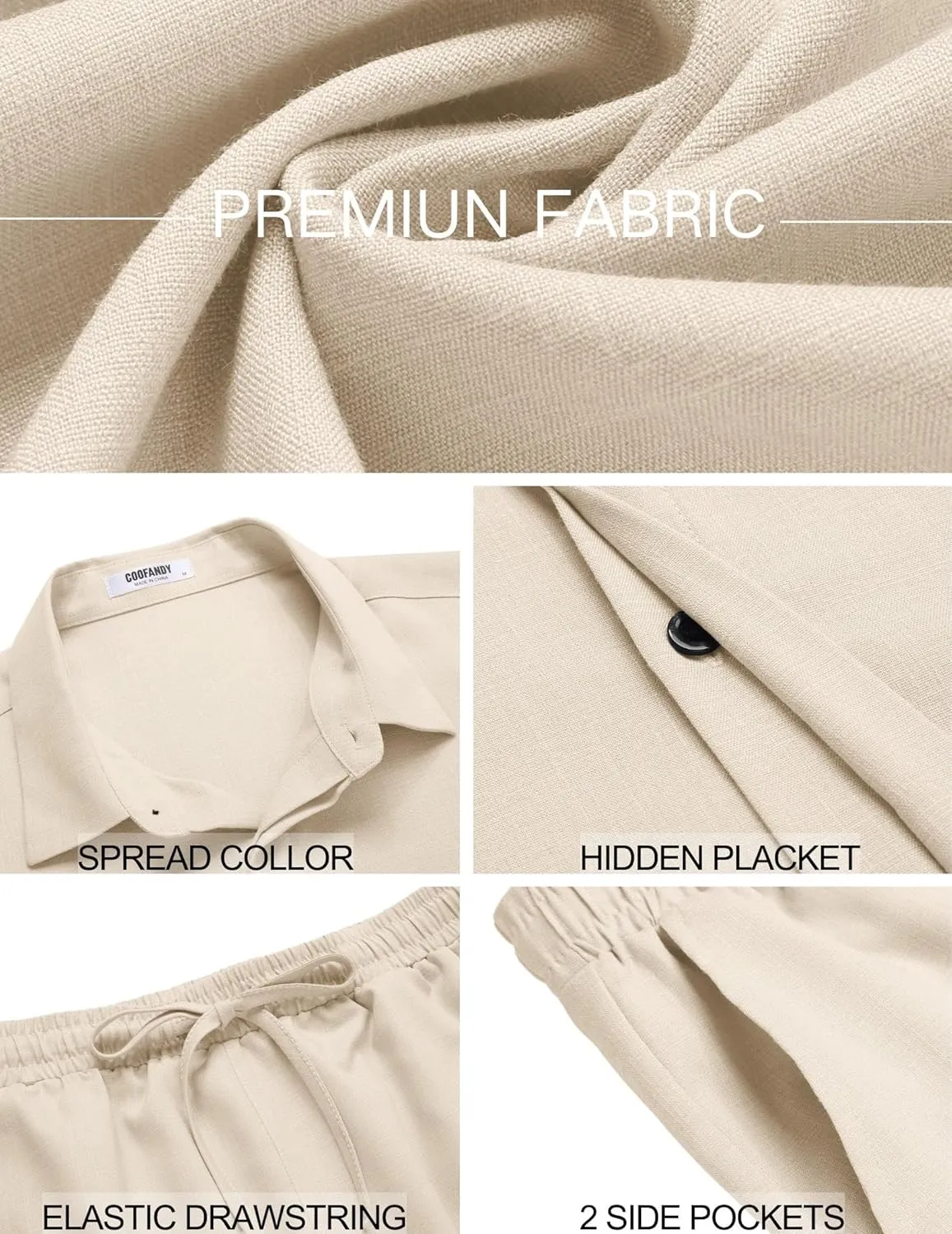 COOFANDY Men's Summer Beach Outfits 2 Piece Short Sleeve Shirts and Shorts Vacation Texture Linen Sets for Men