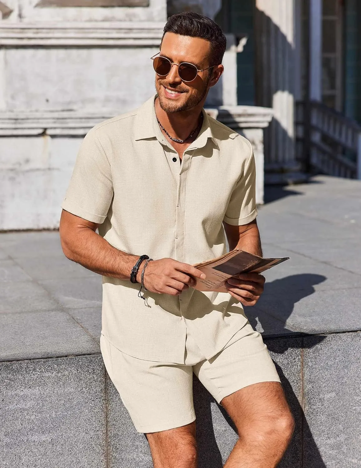 COOFANDY Men's Summer Beach Outfits 2 Piece Short Sleeve Shirts and Shorts Vacation Texture Linen Sets for Men