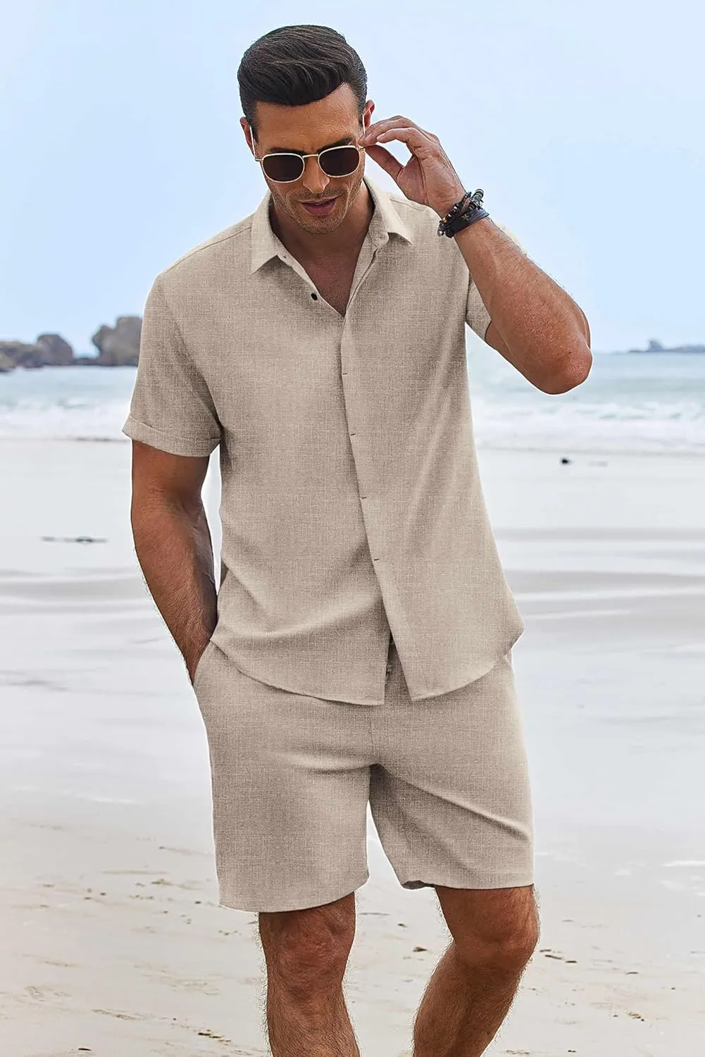 COOFANDY Men's Summer Beach Outfits 2 Piece Short Sleeve Shirts and Shorts Vacation Texture Linen Sets for Men