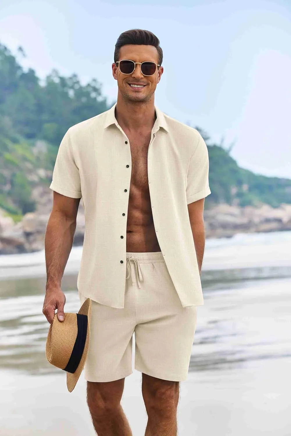 COOFANDY Men's Summer Beach Outfits 2 Piece Short Sleeve Shirts and Shorts Vacation Texture Linen Sets for Men
