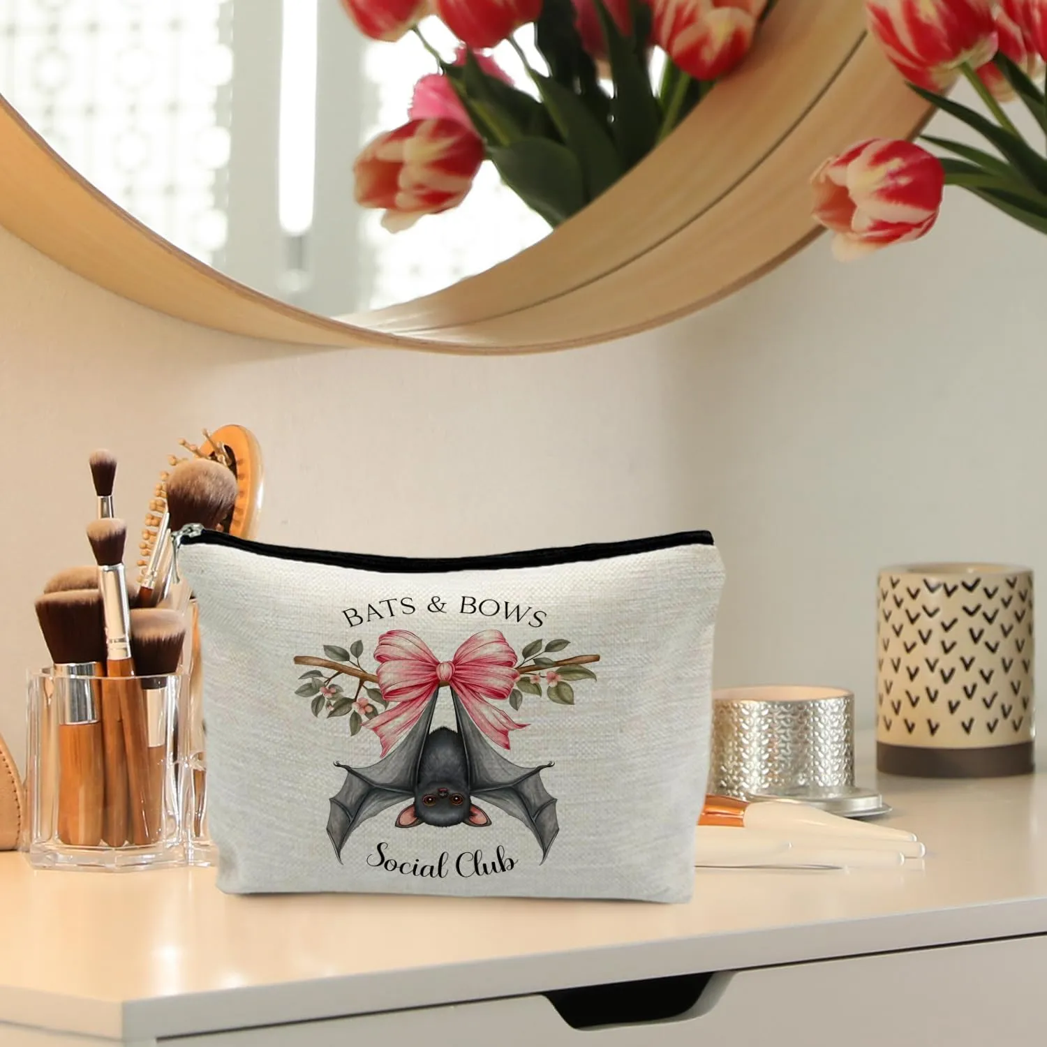 Coquette Halloween Pink Bow Bat Cosmetic Bag - Gothic & Horror Gifts for Women