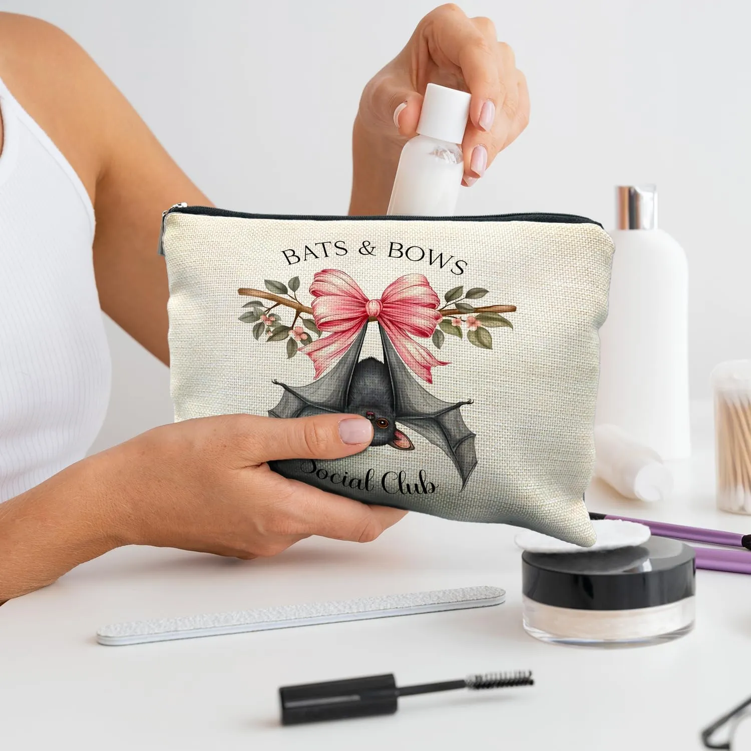 Coquette Halloween Pink Bow Bat Cosmetic Bag - Gothic & Horror Gifts for Women
