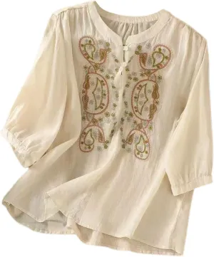 Cotton Linen Shirt for Women Short Sleeve Crew Neck Buttons Casual Boho Tops Summer Loose Fashion Embroidered Blouse