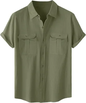 Cotton Linen Shirts for Men Big and Tall Short Sleeve Button up Lapel Shirt Casual Summer Vacation Cruise Beach Shirt