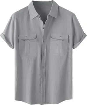 Cotton Linen Shirts for Men Big and Tall Short Sleeve Button up Lapel Shirt Casual Summer Vacation Cruise Beach Shirt