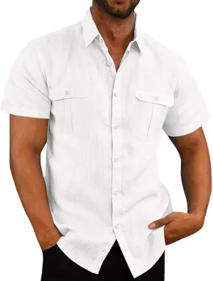 Cotton Linen Short Sleeve Shirts Men Fashion Vacation Double Pockets Casual Lapel Button Down Shirts Comfy Summer Top
