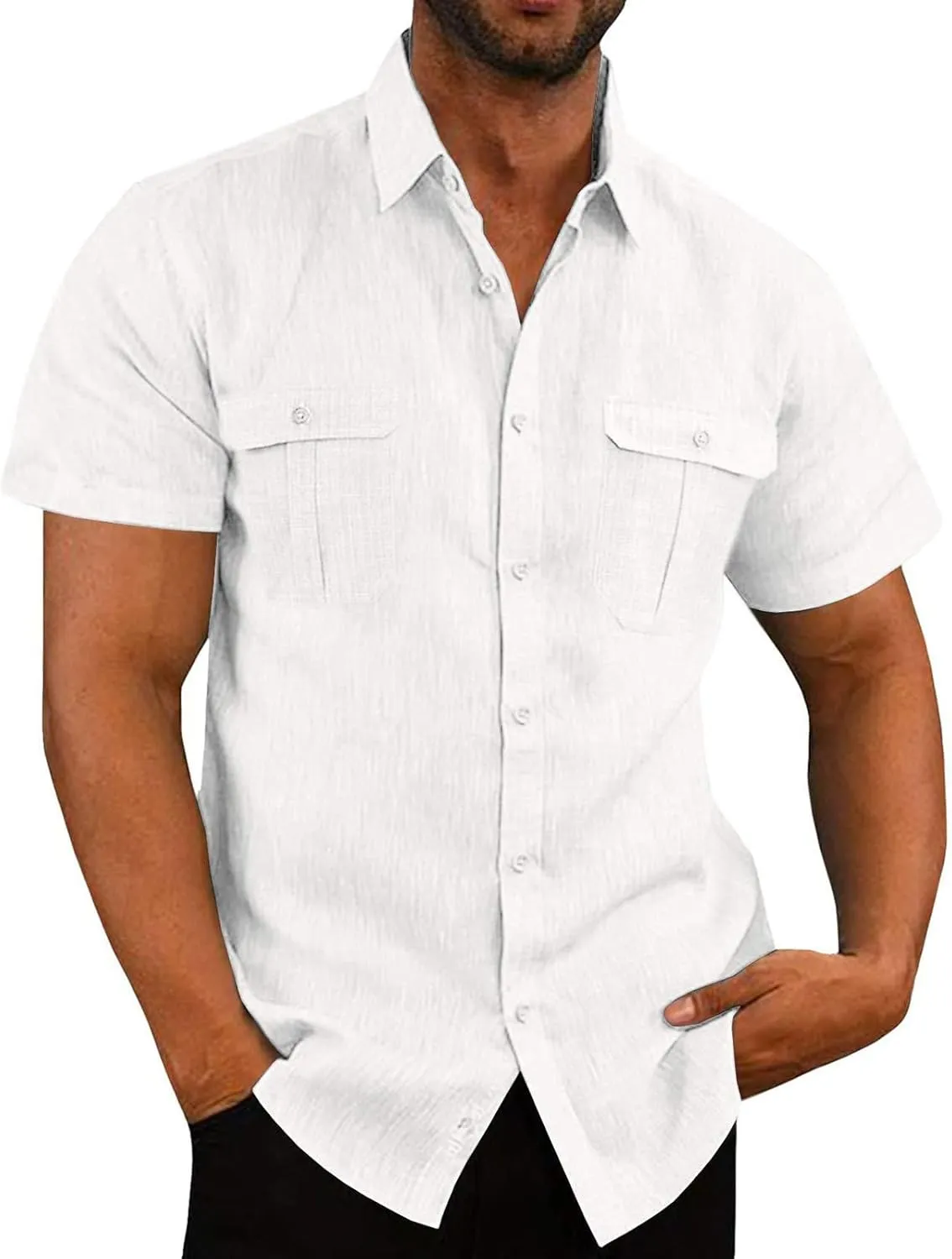 Cotton Linen Short Sleeve Shirts Men Fashion Vacation Double Pockets Casual Lapel Button Down Shirts Comfy Summer Top