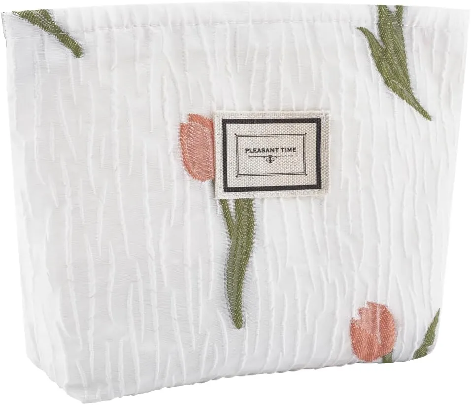 CREATCABIN Tulip Makeup Bag Canvas Toiletry Bag for Women Zipper Pouch Organizer Travel Storage Bag Embroidery Floral Cosmetic Bag Skincare Accessories Large Capacity for Multi Purpose Bag 9.6x6.9Inch