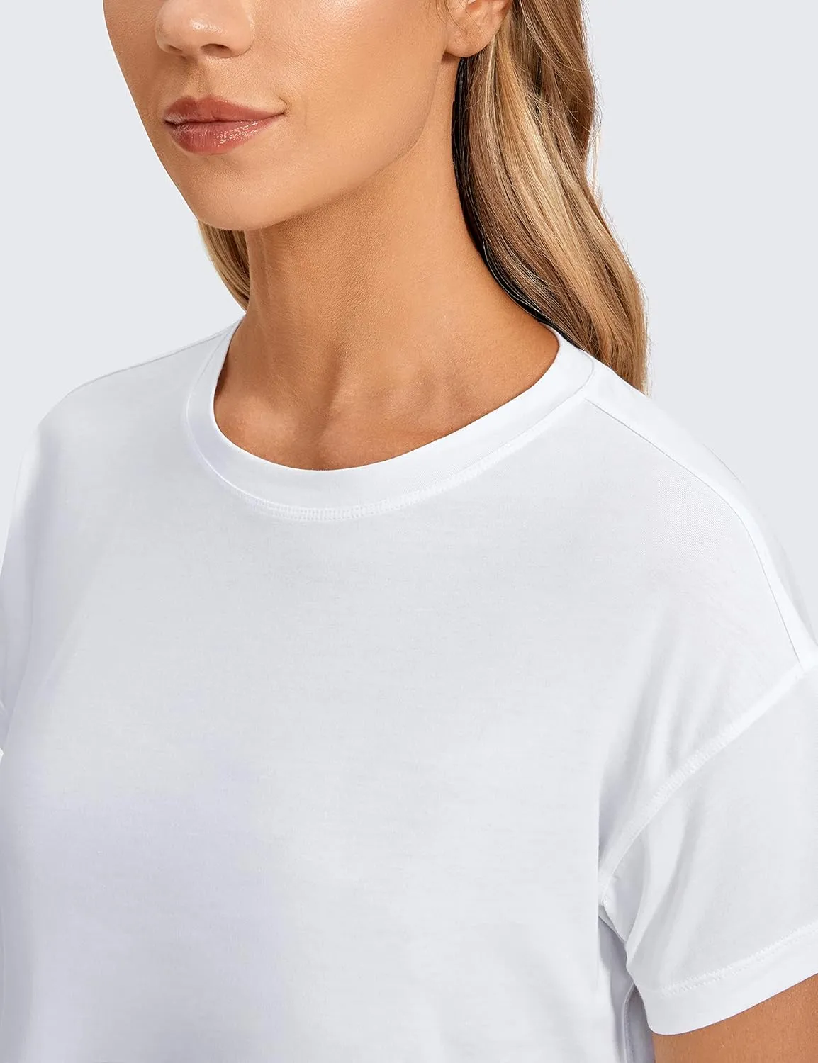 CRZ YOGA Women's Pima Cotton Workout Short Sleeve Shirts Loose Athletic Crop Tops Gym Casual Cropped T-Shirt