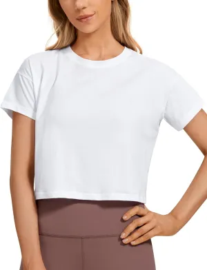 CRZ YOGA Women's Pima Cotton Workout Short Sleeve Shirts Loose Athletic Crop Tops Gym Casual Cropped T-Shirt