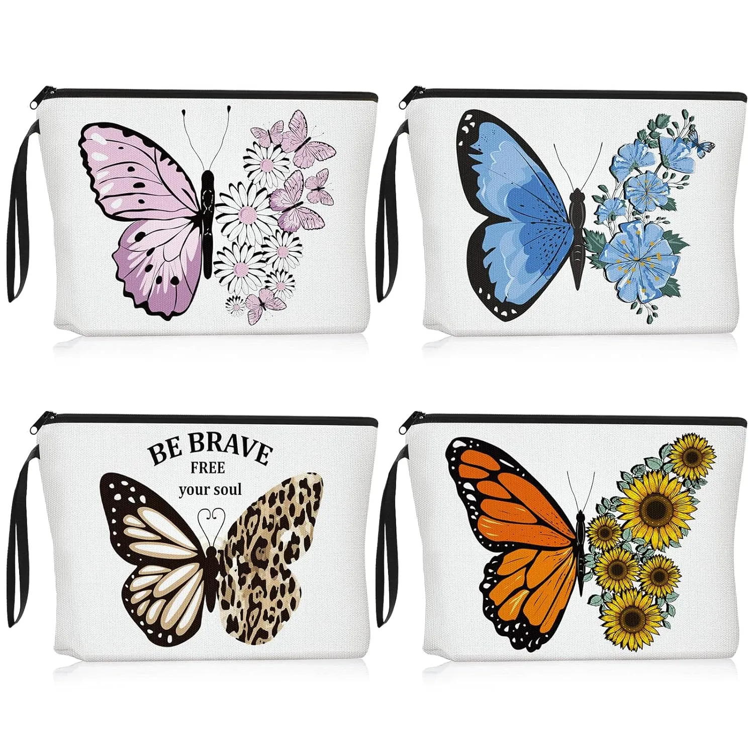 Cunno 4 Pcs Butterfly Makeup Bags for Women Canvas Cosmetic Butterfly Flowers Gifts for Girls Birthday Canvas Purse Travel Makeup Bags Zipper Pouch for Ladies Coworker