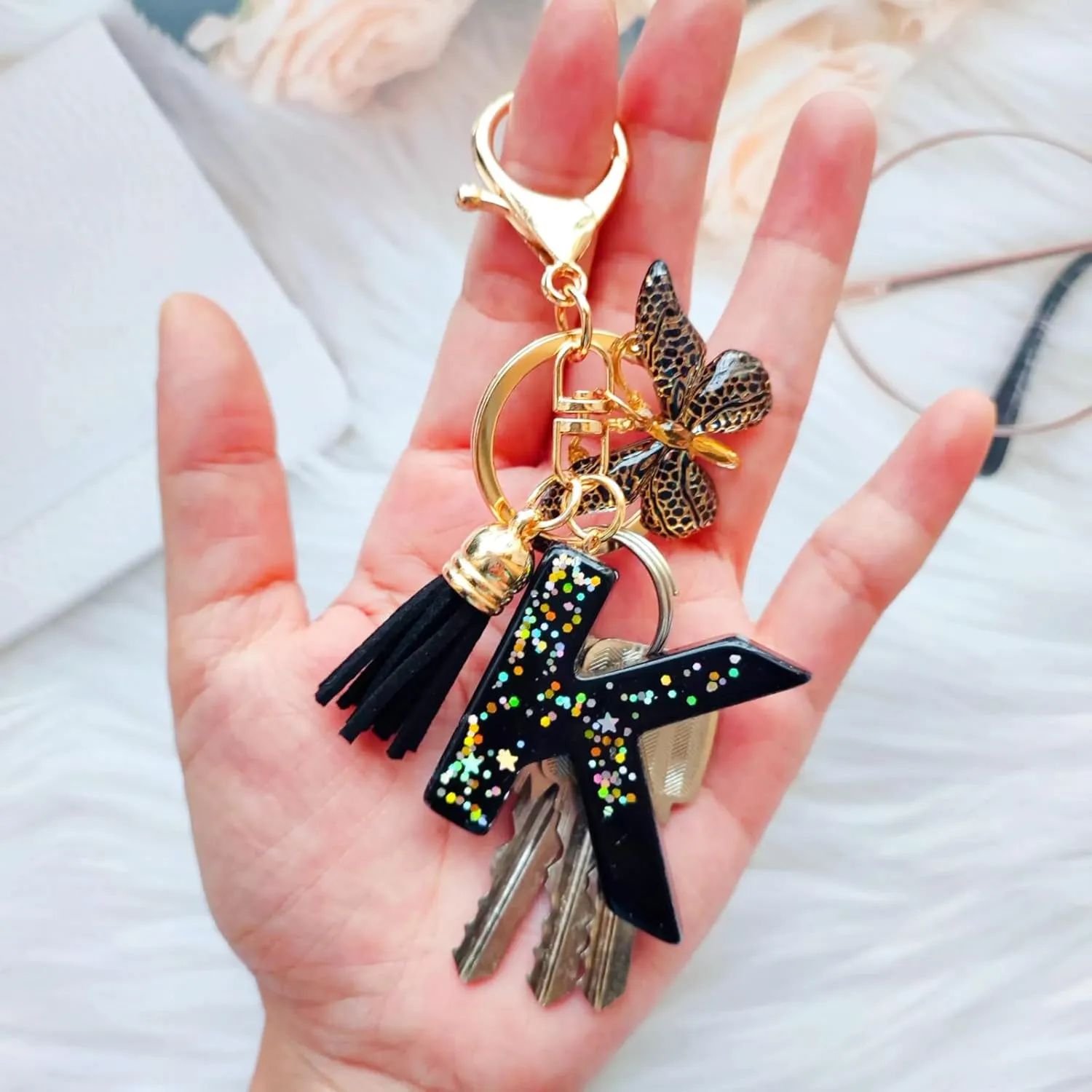 Cute Initial Letter Keychains for Women Girls Tassel Butterfly Black Keychain for Backpack School Bag