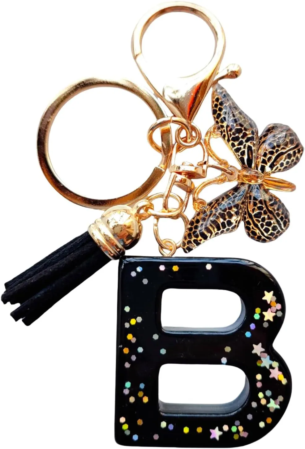 Cute Initial Letter Keychains for Women Girls Tassel Butterfly Black Keychain for Backpack School Bag