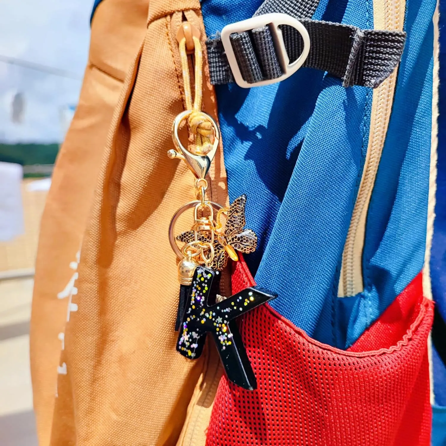 Cute Initial Letter Keychains for Women Girls Tassel Butterfly Black Keychain for Backpack School Bag