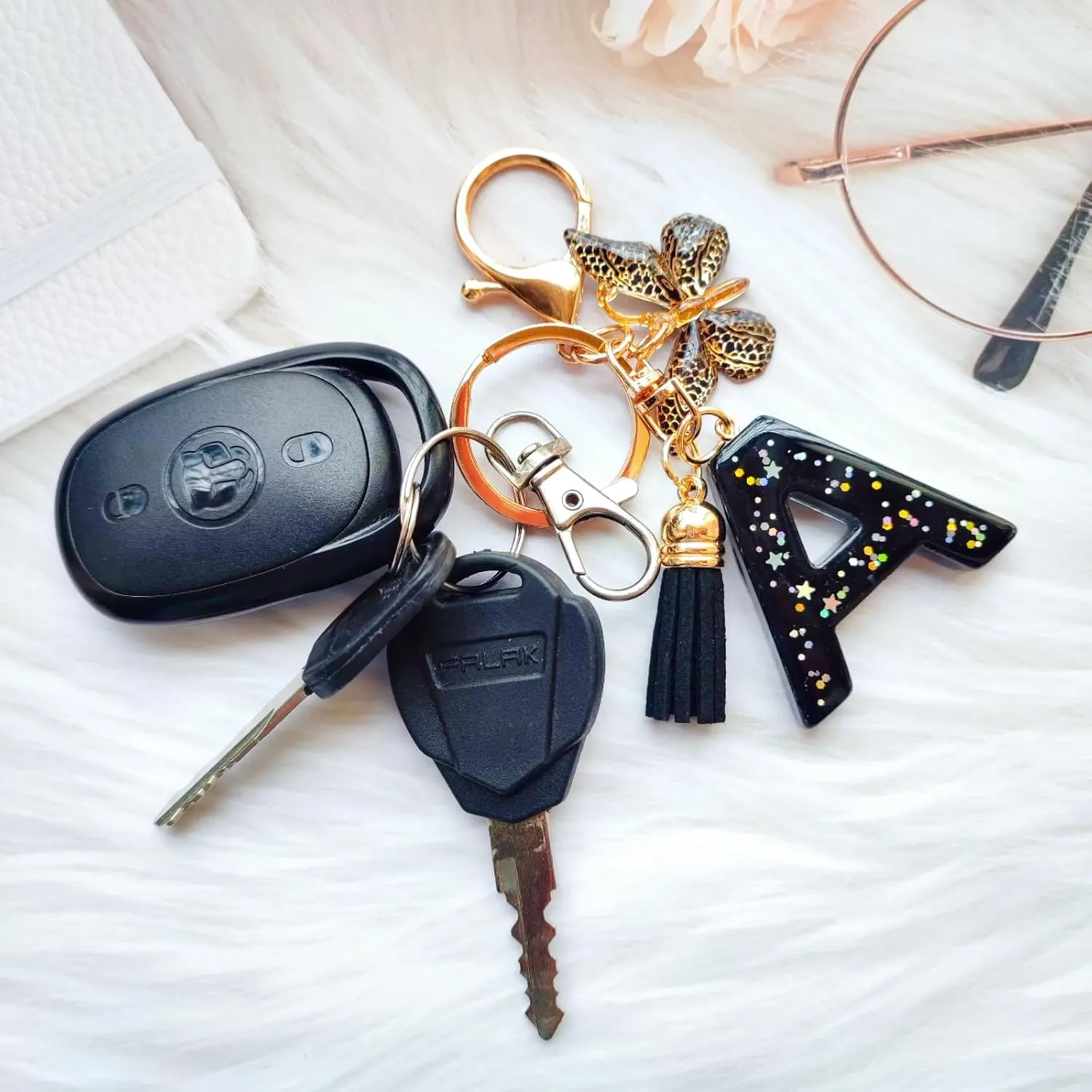 Cute Initial Letter Keychains for Women Girls Tassel Butterfly Black Keychain for Backpack School Bag