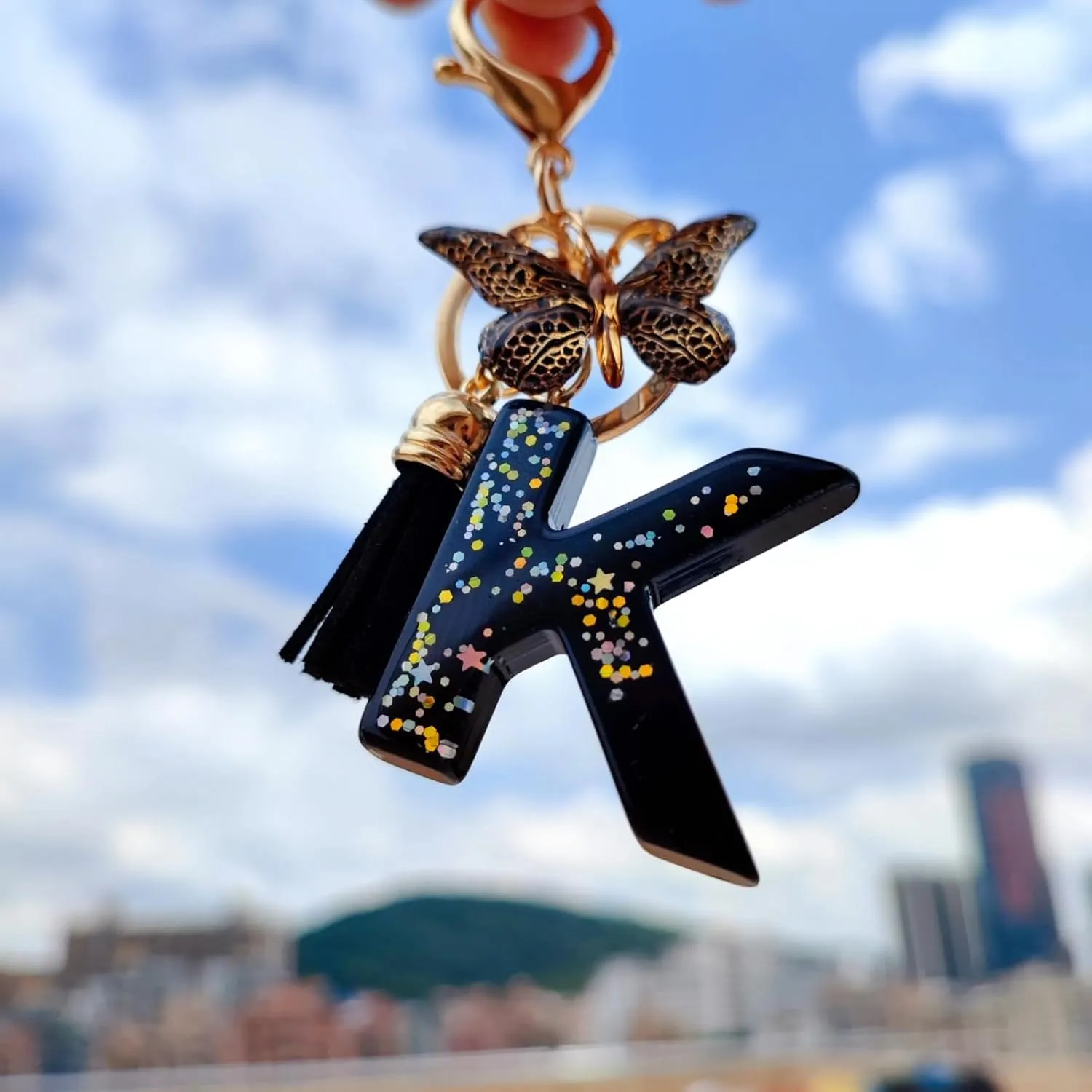 Cute Initial Letter Keychains for Women Girls Tassel Butterfly Black Keychain for Backpack School Bag