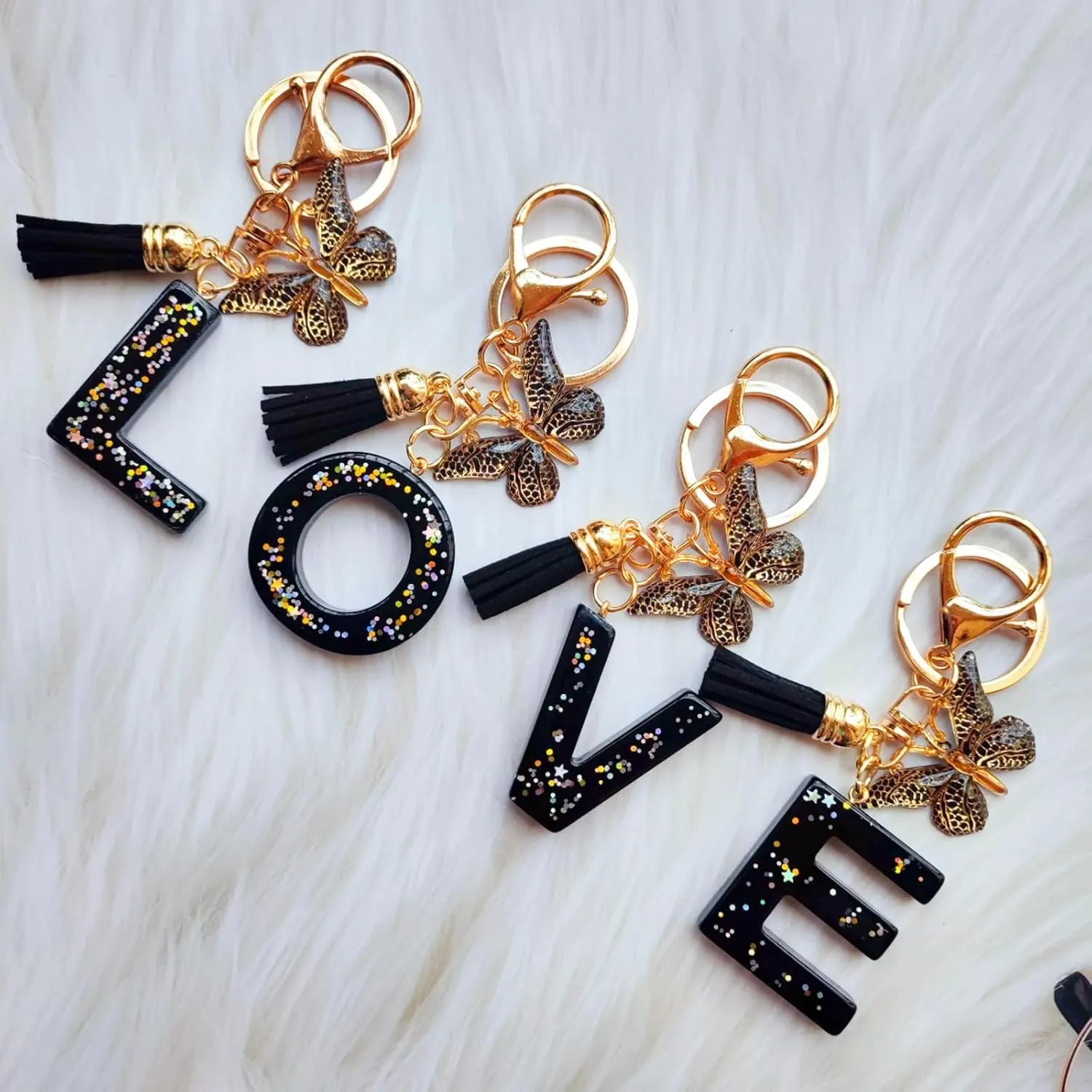 Cute Initial Letter Keychains for Women Girls Tassel Butterfly Black Keychain for Backpack School Bag