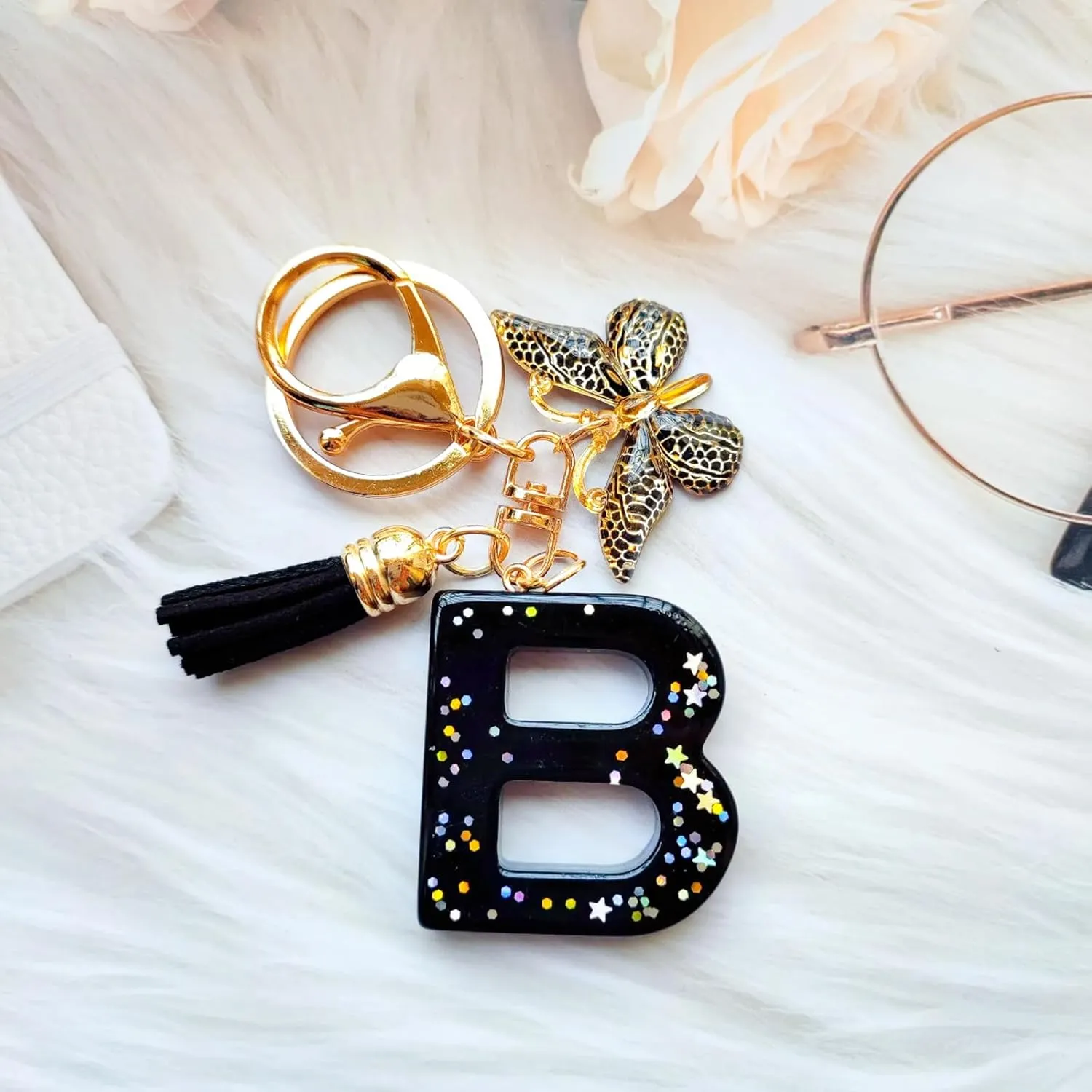 Cute Initial Letter Keychains for Women Girls Tassel Butterfly Black Keychain for Backpack School Bag