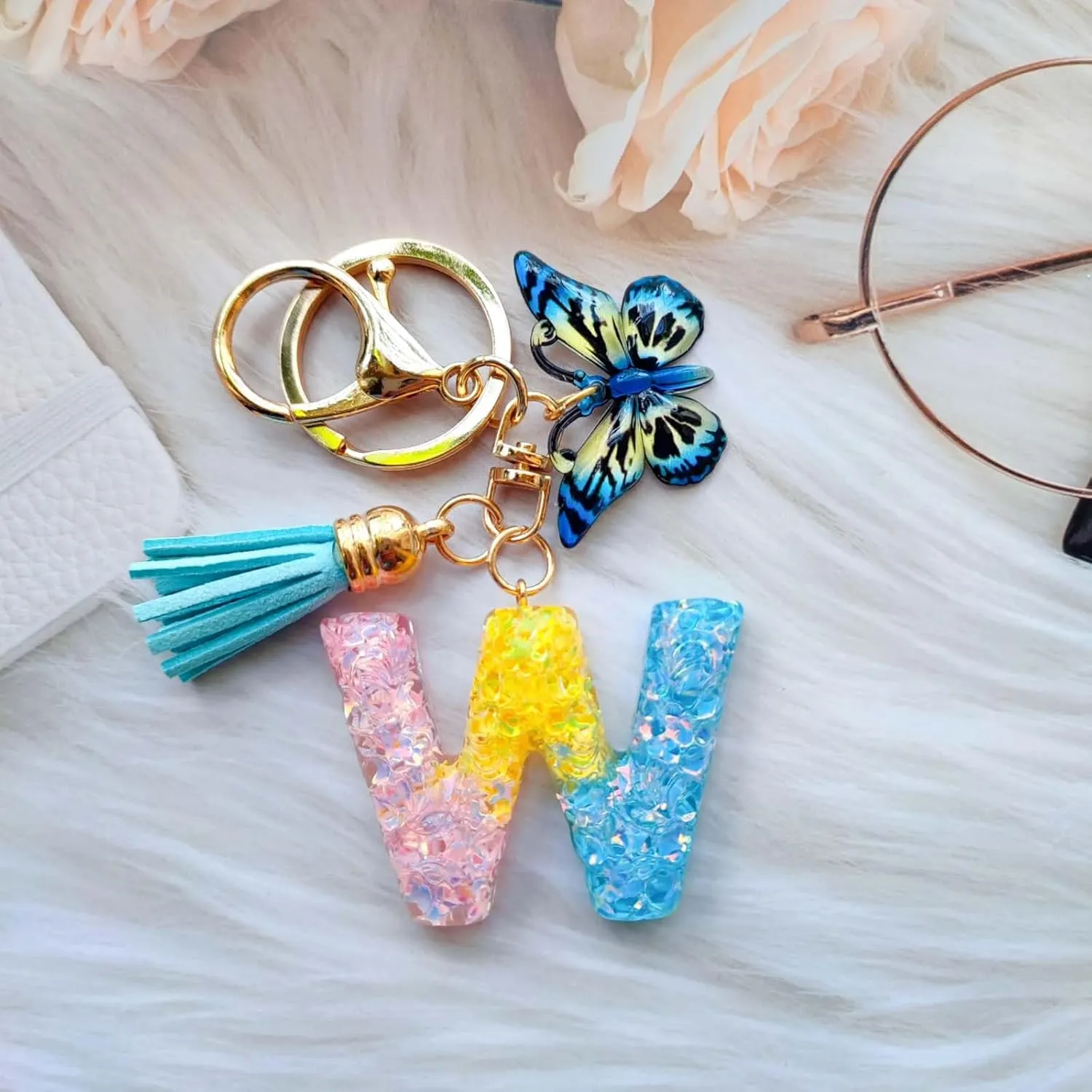 Cute Initial Letter Keychains for Women Girls Tassel Butterfly Multi-Color Keychain for Backpack School Bag