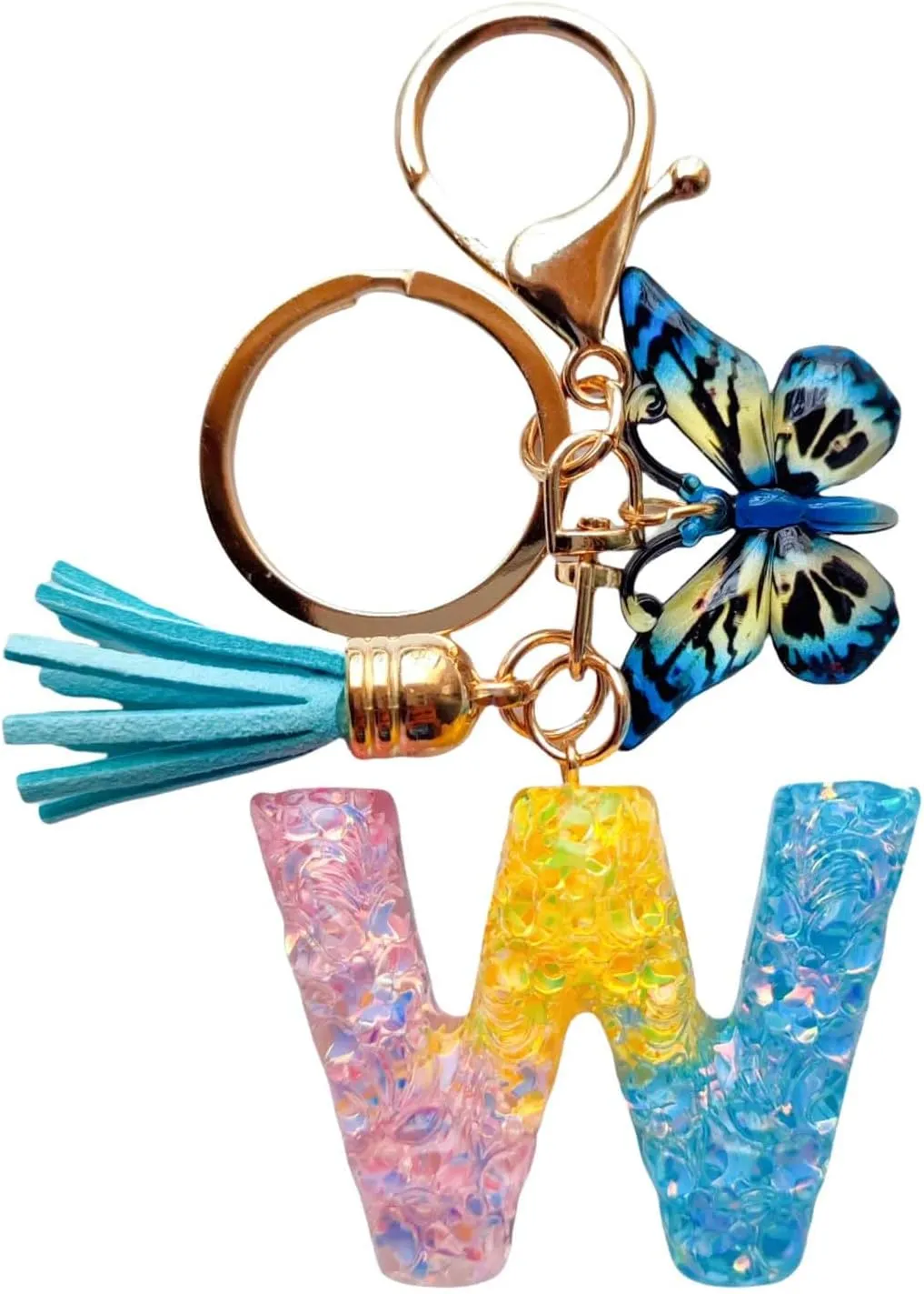 Cute Initial Letter Keychains for Women Girls Tassel Butterfly Multi-Color Keychain for Backpack School Bag