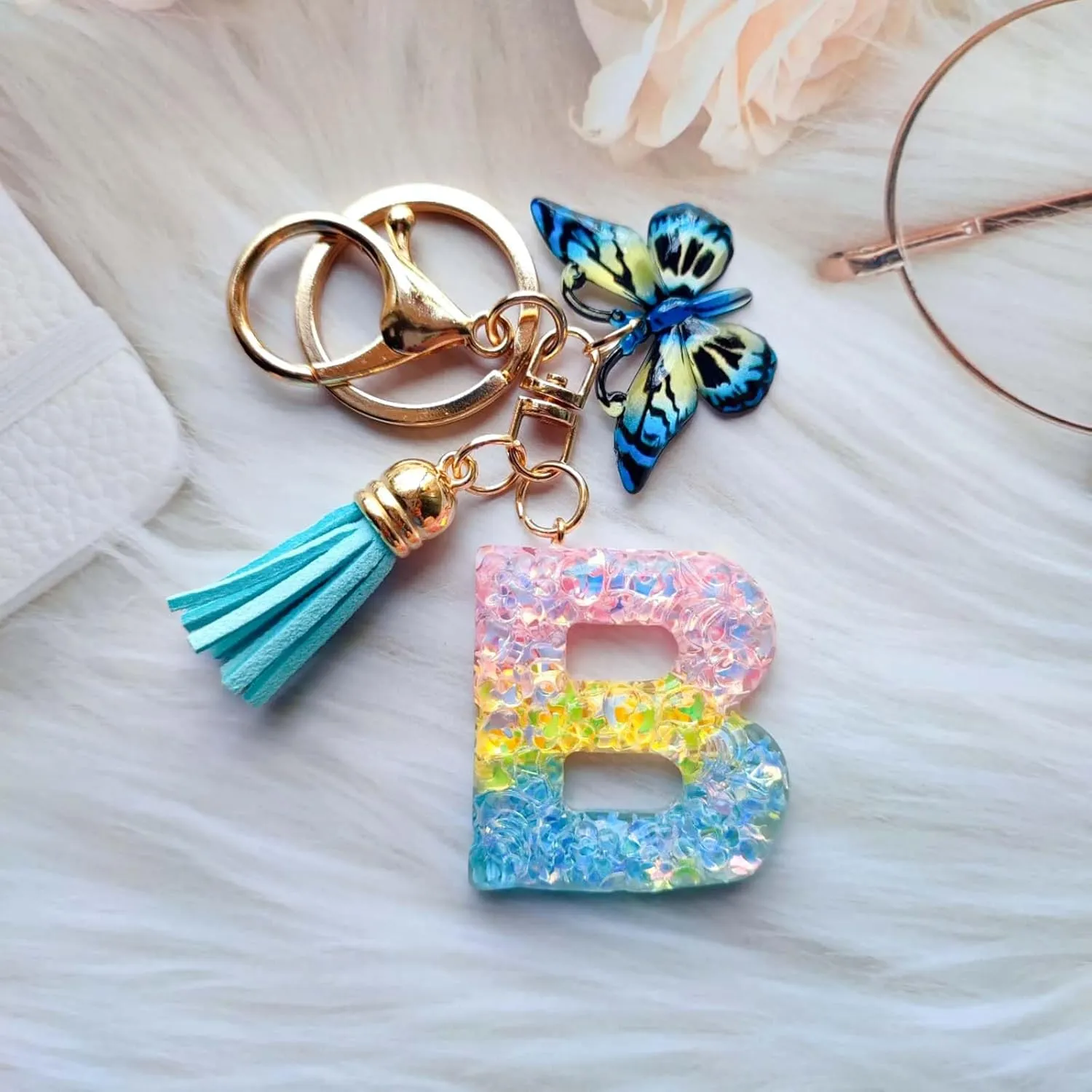 Cute Initial Letter Keychains for Women Girls Tassel Butterfly Multi-Color Keychain for Backpack School Bag