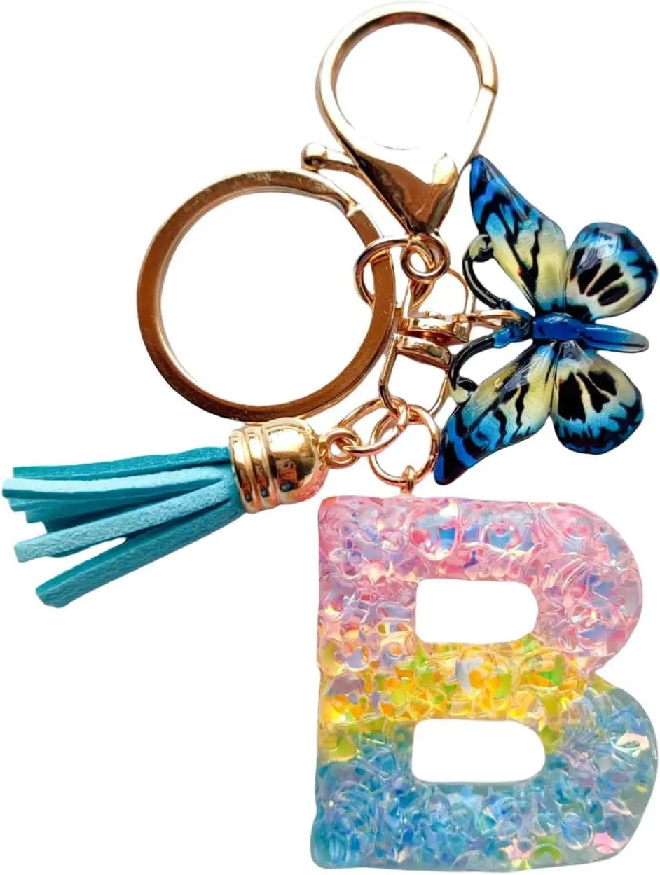 Cute Initial Letter Keychains for Women Girls Tassel Butterfly Multi-Color Keychain for Backpack School Bag