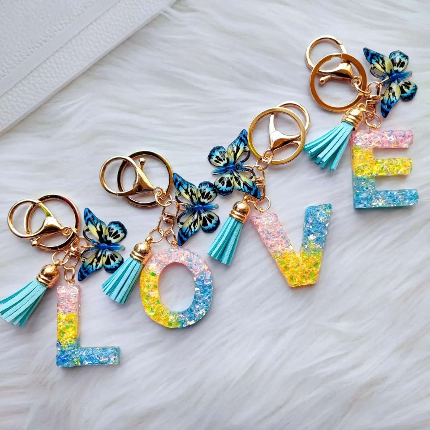 Cute Initial Letter Keychains for Women Girls Tassel Butterfly Multi-Color Keychain for Backpack School Bag