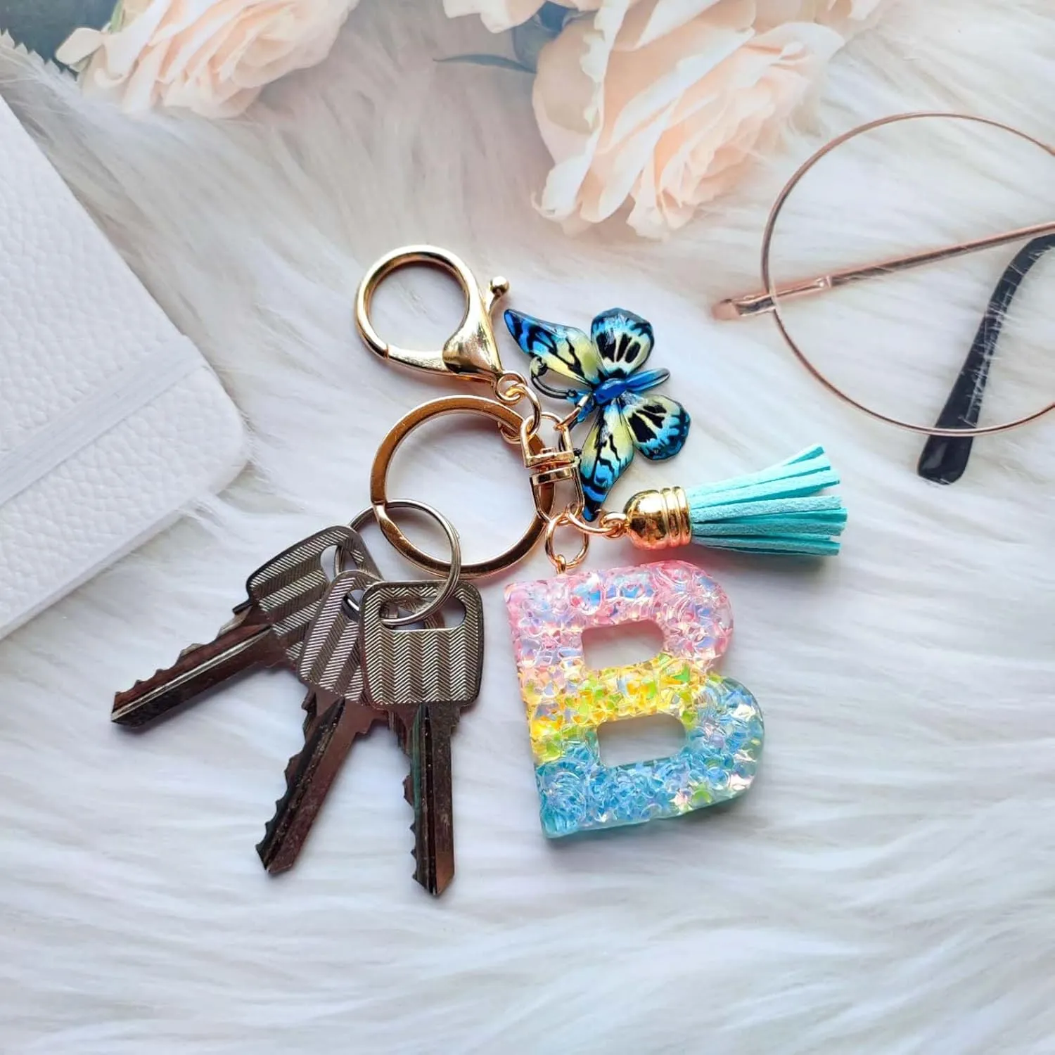 Cute Initial Letter Keychains for Women Girls Tassel Butterfly Multi-Color Keychain for Backpack School Bag