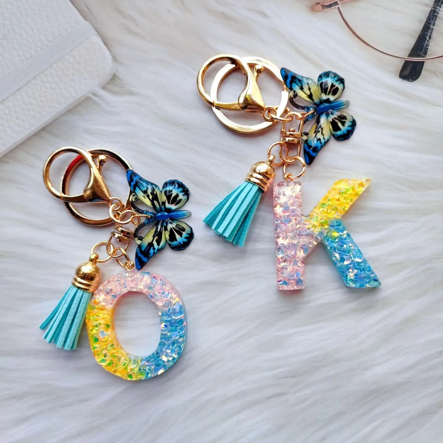Cute Initial Letter Keychains for Women Girls Tassel Butterfly Multi-Color Keychain for Backpack School Bag