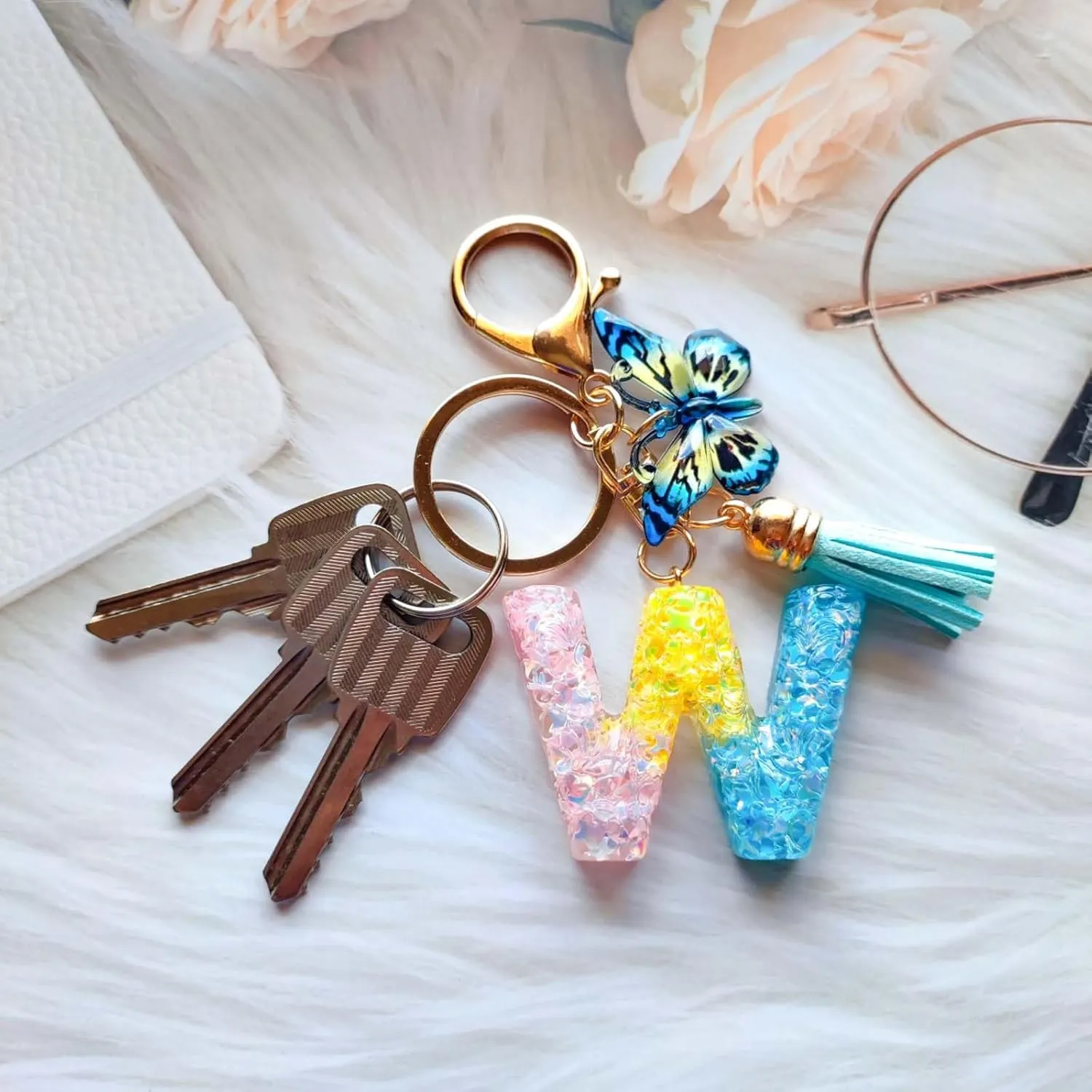 Cute Initial Letter Keychains for Women Girls Tassel Butterfly Multi-Color Keychain for Backpack School Bag
