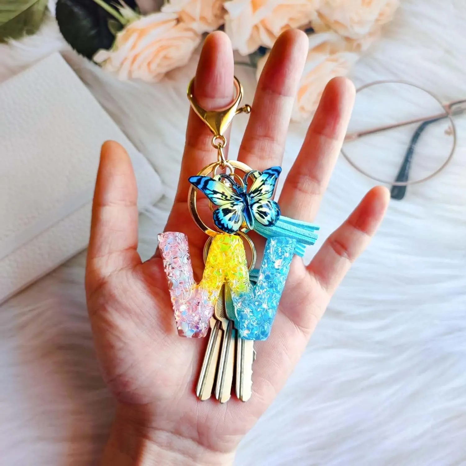 Cute Initial Letter Keychains for Women Girls Tassel Butterfly Multi-Color Keychain for Backpack School Bag