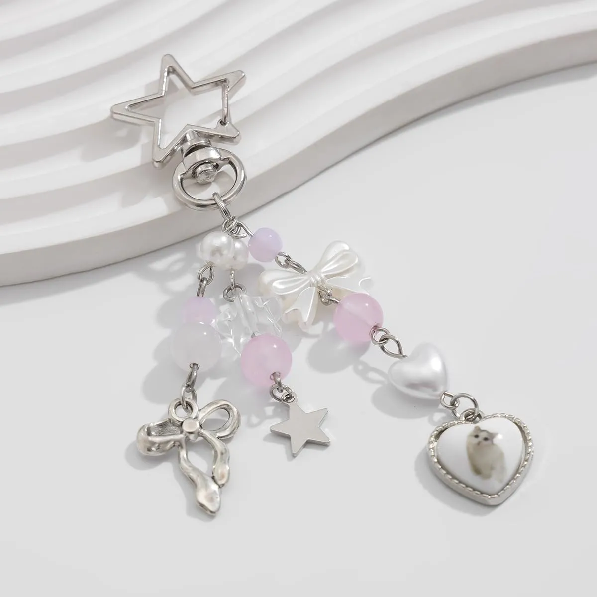 Cute keychains Aesthetic Y2K Keychain Charms Coquette Keychain Pink Pearl Sun Moon Star Keychain for Bag Purse Backpacks