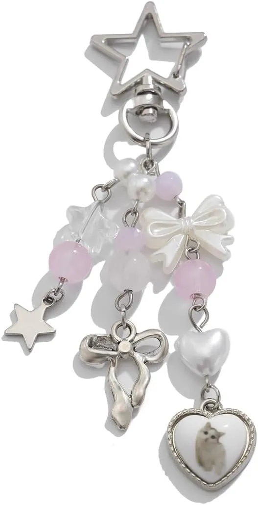 Cute keychains Aesthetic Y2K Keychain Charms Coquette Keychain Pink Pearl Sun Moon Star Keychain for Bag Purse Backpacks