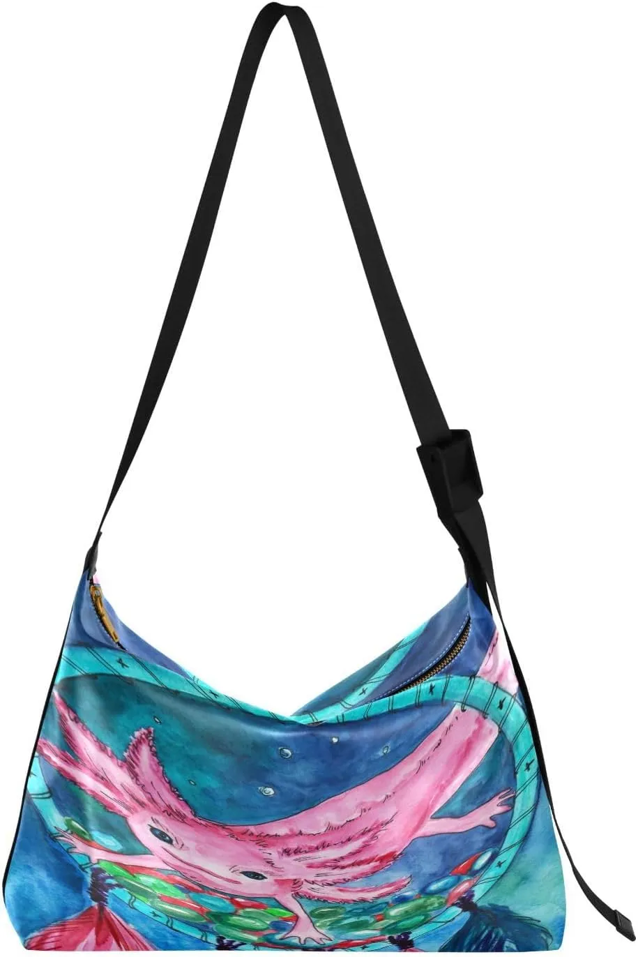 Cute Little Axolotl Hobo Crossbody Bags for Women Leather Large Shoulder Bag Cross Body Boho Feathers Wreath Trendy Womens Tote Bags Handbag for Travel Shopping