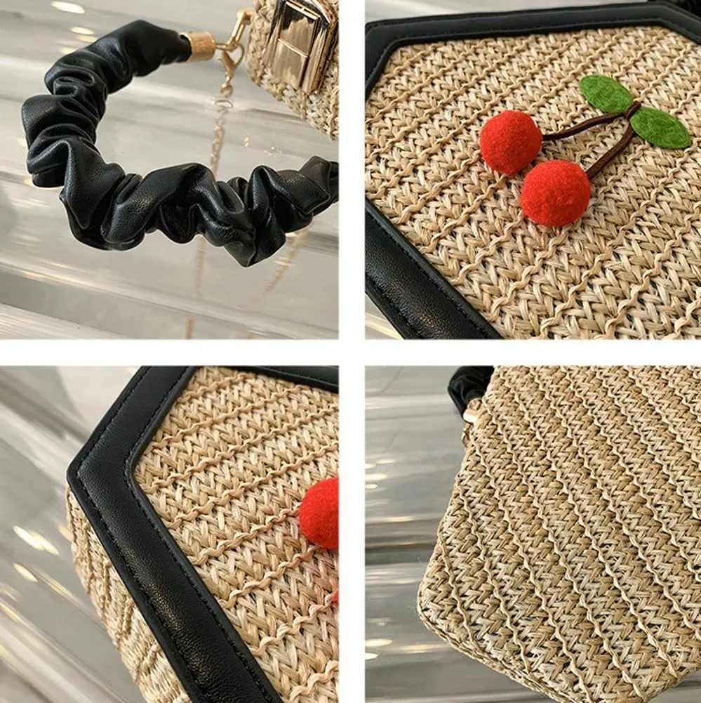 Cute Mini Handbags for Women Hand-woven Summer Tote Bag Evening Clutch Cherry Straw Weave Novelty Small Purses