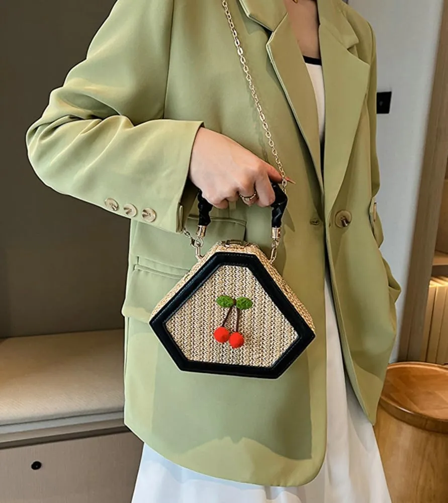 Cute Mini Handbags for Women Hand-woven Summer Tote Bag Evening Clutch Cherry Straw Weave Novelty Small Purses