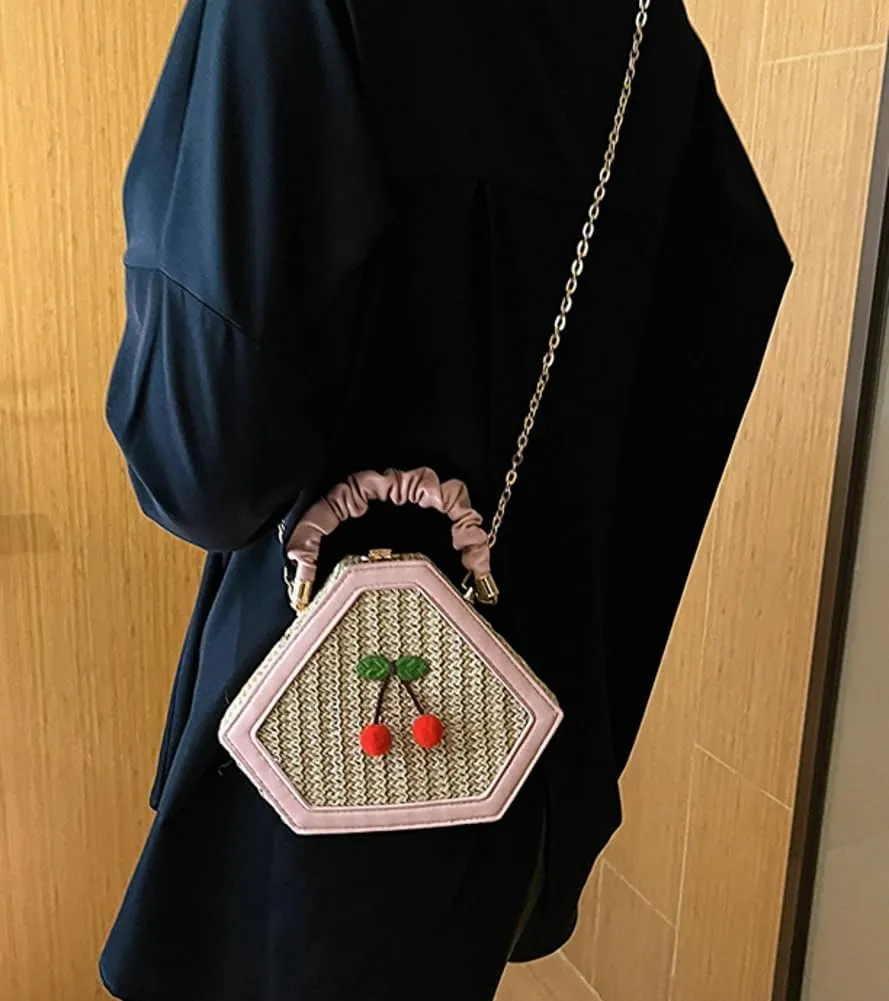 Cute Mini Handbags for Women Hand-woven Summer Tote Bag Evening Clutch Cherry Straw Weave Novelty Small Purses