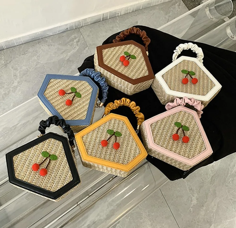 Cute Mini Handbags for Women Hand-woven Summer Tote Bag Evening Clutch Cherry Straw Weave Novelty Small Purses