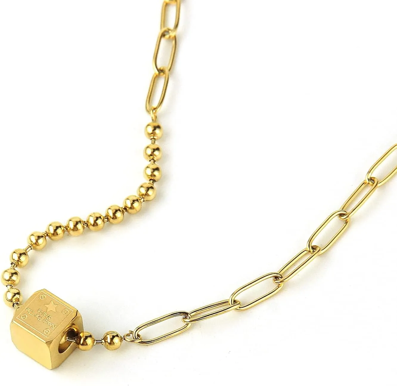 DASIQI Gold Necklace Stainless Steel Square Dice Beads Splicing Chains Fashion Jewelry for Women 20 inch